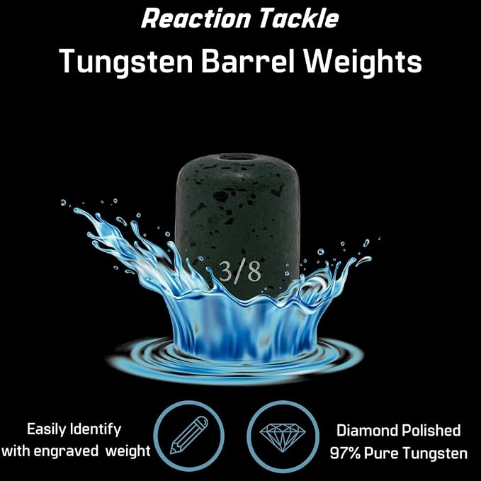 Reaction Tackle Tungsten Barrel Weights - Egg Shaped Sinkers for Carolina Rig Bass Fishing - Freshwater & Saltwater - Size Stamped