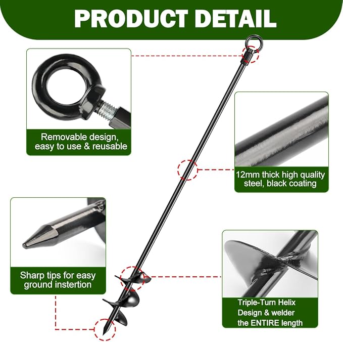 6 Pcs 30" Ground Anchors Shed Anchors Kit Heavy Duty 12mm Solid Steel, Triple-Turn Helix Earth Anchors for Sheds, Carport, Canopy, Gazebo, Trampoline, Mobile Home