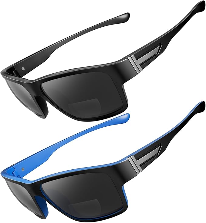 SKYOAK 2 PACK Upgraded Unbreakable Bifocal Reading Sunglasses Men TR90 Frame Wrap Around Glasses UV400 Protection Outdoor Sun Reader Sports/Driving (Black & Blue +1.0)