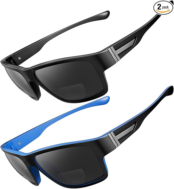 SKYOAK 2 PACK Upgraded Unbreakable Bifocal Reading Sunglasses Men TR90 Frame Wrap Around Design Glasses UV400 Protection Outdoor Sun Reader Sports/Driving (Black & Blue +2.75)