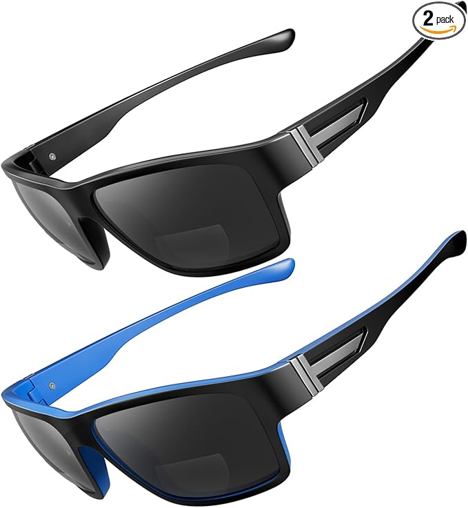 SKYOAK 2 PACK Upgraded Unbreakable Bifocal Reading Sunglasses Men TR90 Frame Wrap Around Design Glasses UV400 Protection Outdoor Sun Reader Sports/Driving (Black & Blue +1.50)
