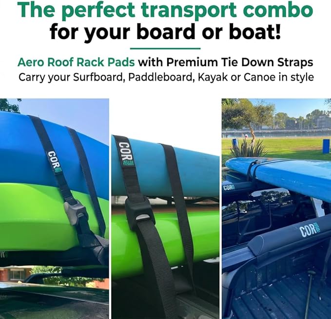 COR Surf Aero Roof Rack Pad and Premium No-Scratch Silicone Buckle Tie Down Straps for Surf, SUP, Kayak and Canoe (19" Wide)