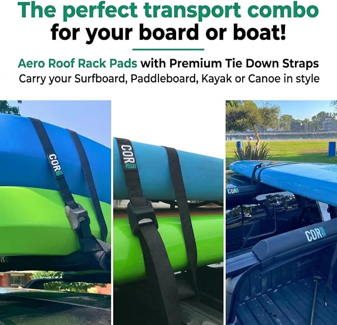 Aero Roof Rack Pads and Premium Scratch Resistant Silicone Buckle Tie Down Straps for Surf, SUP, Kayak and Canoe (28" Large) by COR Surf