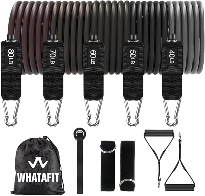 WHATAFIT Resistance Bands, Exercise Bands, Workout Bands with Handles, Door Anchor and Ankle Straps, 5 Resistance Levels Fitness Bands for Strength Training, Physical Therapy, and Home Gym Equipment