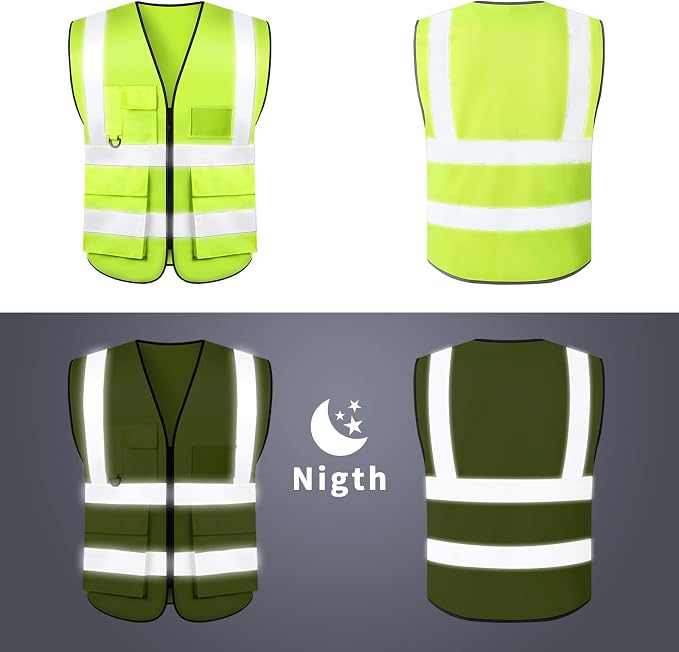 Safety Vests,Hi Vis Vest Reflective Vest with 5 Pockets and Zipper for Men Women, Neon Working Vest for Outdoor One Size