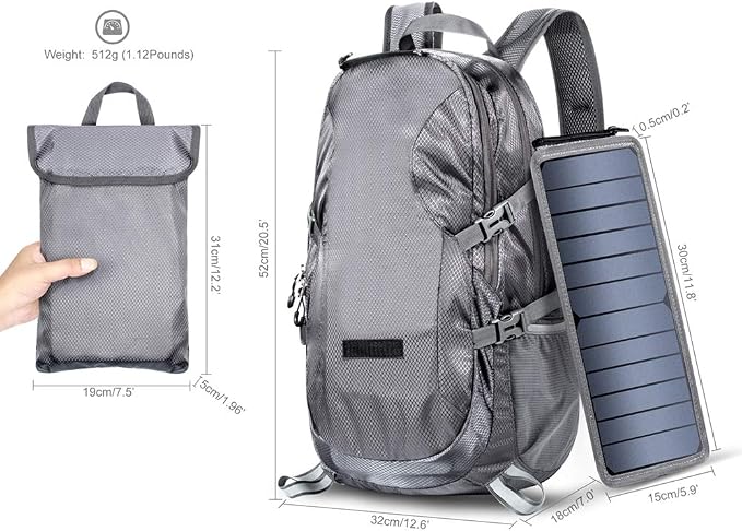 Solar Backpack Foldable Hiking Daypack With 5V Power Supply