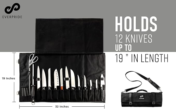 EVERPRIDE Waxed Canvas and Genuine Leather Trim Chef Knife Roll Bag Holds 12 Knives and Cooking Tools – Durable, Large Knife Case – Elegant Chef Bag for Professional Cooks and Students
