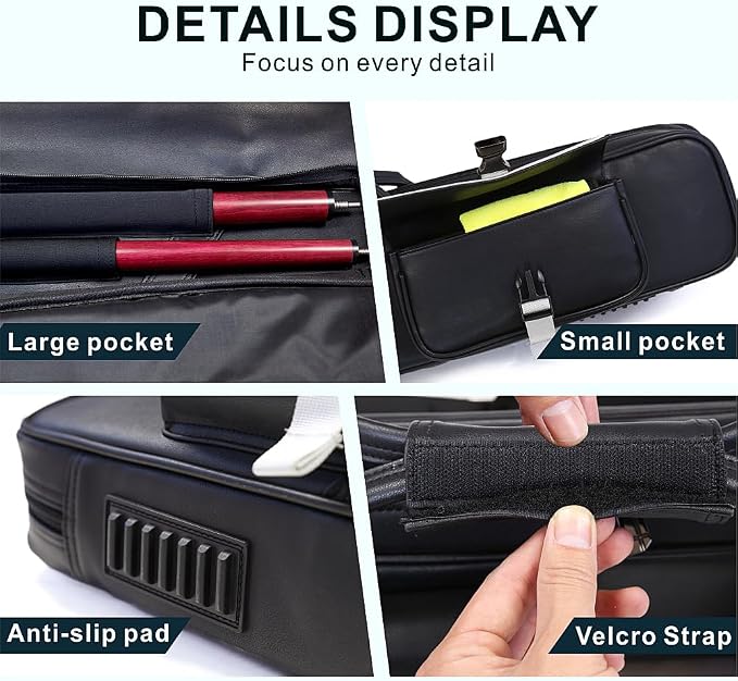 7-Hole PU Leather Pool Cue Case – Holds 3 Butts + 4 Shafts + Extension, Dual Accessory Pockets, Padded & Water-Resistant Billiard Cue Bag