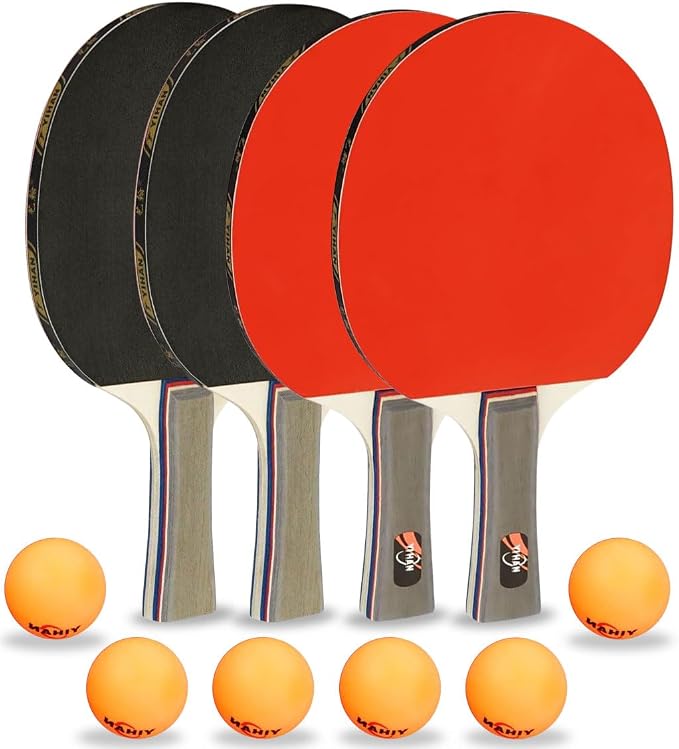 Family Premium Ping Pong Paddles Set of 4 - Advanced Table Tennis Rackets, 6 Training Ping Pong Balls, Competitive or Recreational Play - Indoor and Outdoor Compatible