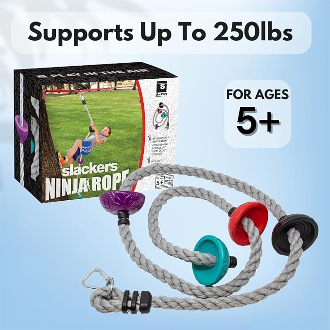 Slackers 8 ft Multi-Color Climbing Rope - Best Outdoor Ninja Warrior Training Equipment for Kids - A Great Addition to Your Backyard Ninjaline Obstacle Course