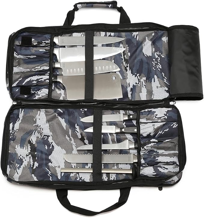 EVERPRIDE New 4 Section CAMO Professional Knife Bag for Chefs Hunting Fishing Camping Holds 20 Knives 4 Storage Compartments with Shoulder Strap Laptop/Tablet Padded Slot - Knives Not Included