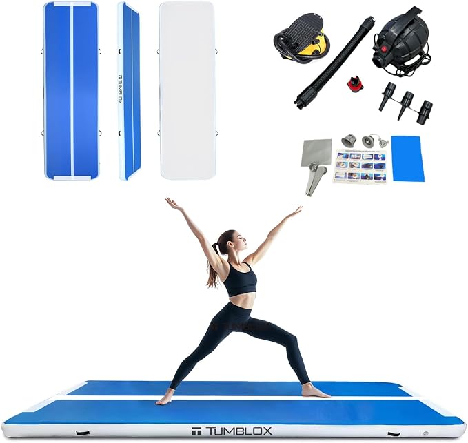Air Gymnastics Mat Inflatable & Tumbling Mat – 4/8 Inches Thick with Electric Pump + Free Foot Pump – Ideal for Home, Gym, Water, and Beach Use