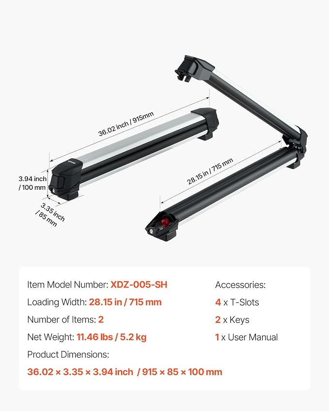 VEVOR Ski & Snowboard Roof Rack, Carry up to 6 Pairs of Skis or 4 Snowboards, 2 PCS Aluminum Universal Car Roof Rack with Lock & Rubber Padding, Carrier for Fishing Rod, Fit Most Slotted Crossbars