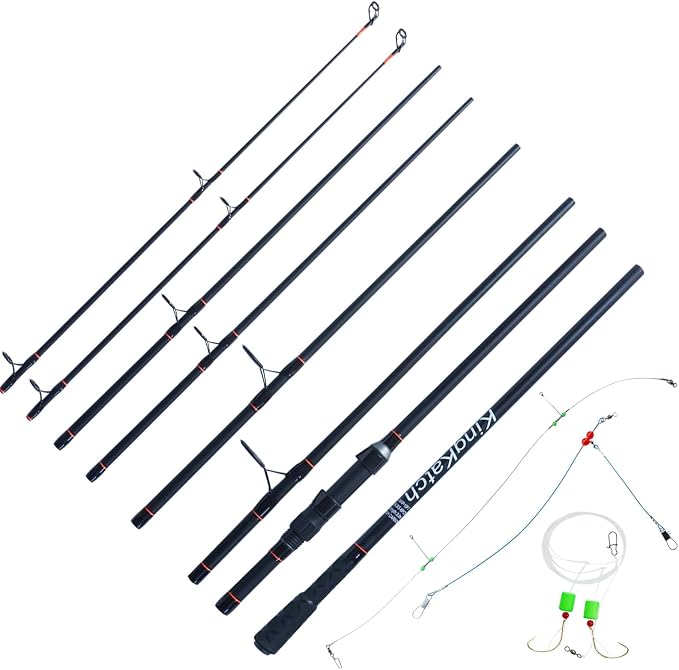Surf Fishing Rod 9'/10'/11'/12', Carbon Fiber Graphite Spinning Rod 3-Piece Travel Rod with 2 Tips, Includes Pompano Rig & High-Strength Wire Leaders for Saltwater Beach Surf Casting