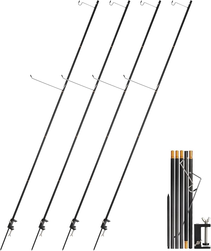 REDCAMP 72in Tall Collapsible Camping Lantern Stand Pole with Stakes and Hooks, Ultralight Portable Folding Aluminum Alloy Lamp Poles for Camping Tables Outdoor Picnic Fishing, Black 4 Pack
