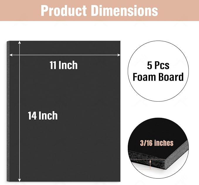 Golden State Art, Acid Free 5 Pack 11x14 Black Foam Boards Foam Core Poster Board, 3/16'' Thick Polystyrene Foam Sheet for Projects, Mounting, Crafts, Art and Presentations