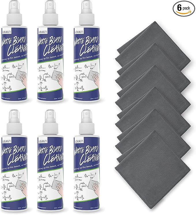 loukin Non-Toxic Whiteboard Cleaner, 8.5 fl oz Dry Erase Board Cleaner, Low-Odor Whiteboard Cleaning Spray with Cloths, Removes Stubborn Marks from Whiteboards, Chalkboard (6-Pack)