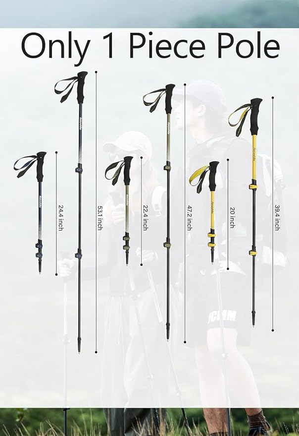 Naturehike 1 Piece Carbon Fiber Trekking Pole, 6oz Ultralight Single Collapsible Walking Stick for Women & Men, Adjustable Foldable Hiking Pole for Backpacking, Travel