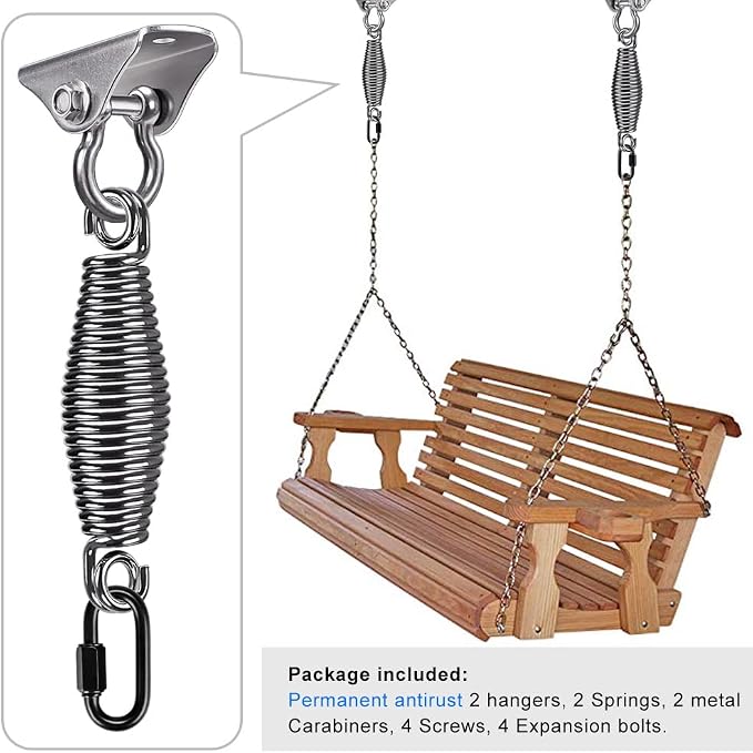 SELEWARE Porch Swing Hanging Kit, Stainless Steel Swing Hangers with Spring, Heavy Duty Ceiling Mount Swing Hooks for Indoor Outdoor Porch Swing, Hammock, Swing Chair, Sandbags, 2 Pack