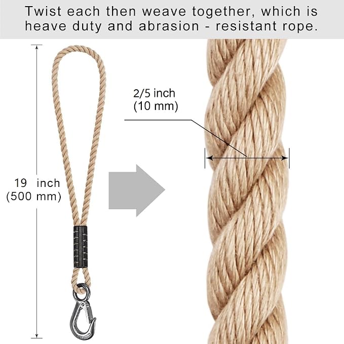 BeneLabel Tree Swing Rope, 19 inch, Hammock Tree Swing Hanging Strap, Heavy Duty Hook, for Indoor Outdoor Swing Hammock Playground Set Accessories, 1 Pcs, Off-White