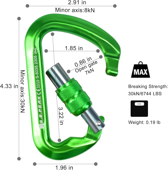 SEPEAK UIAA 30kN Locking Climbing Carabiner, Professional Heavy Duty Screwgate Clip for Outdoor Climbing, Mountaineering, Rappelling, Camping, Hiking, Swing,Large D Carabiner Hook/6744lb