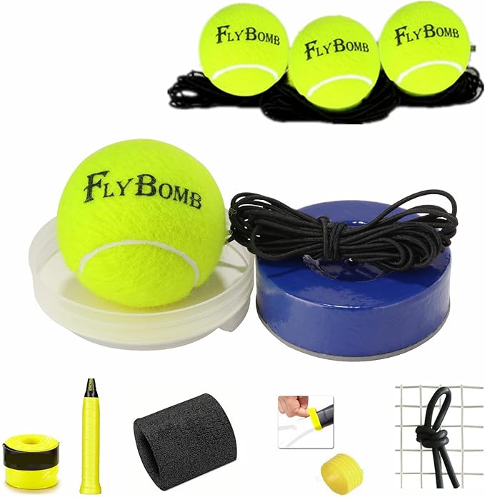 flybomb Portable Tennis Trainer 2.05LB Weight Heavy Iron Base Tennis Training Tool Exercise Tenis Ball Sports Self-Study,3 Replacement Rebound Balls+Wristband+Overgrip+Ring+Damper