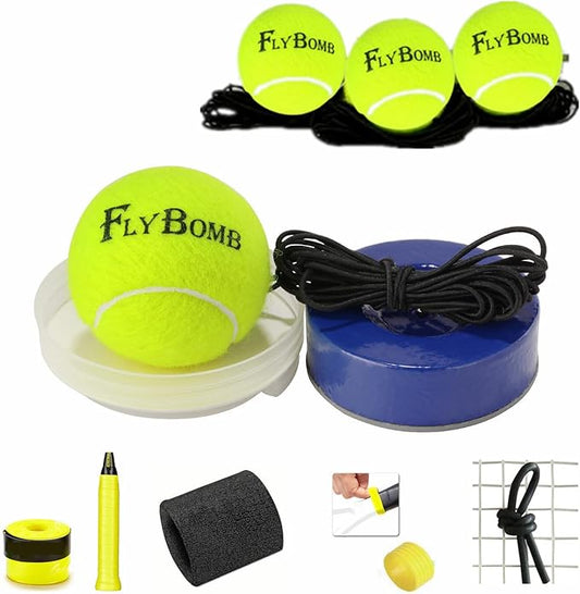 flybomb Portable Tennis Trainer 2.05LB Weight Heavy Iron Base Tennis Training Tool Exercise Tenis Ball Sports Self-Study,3 Replacement Rebound Balls+Wristband+Overgrip+Ring+Damper