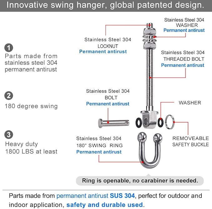 SELEWARE Set of 6 Swing Hanger, Swing Bolts M10 x 9.3", Stainless Steel Heavy Duty Swing Hooks for Wood and Steel Beam Yoga Hammock Chair Porch Swing Sets Seat, 1800LB Capacity