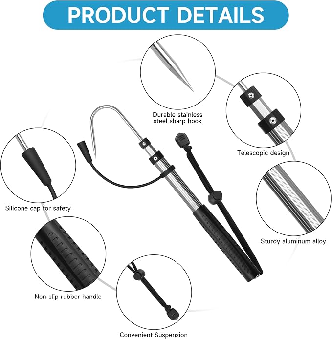 SANLIKE Telescopic Fishing Gaff Aluminum Pole with Nonslip Rubber Handle Stainless Steel M8 Screw Hook