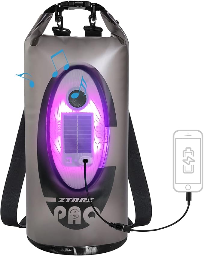 Qoolife Dry Bag Waterproof with Solar Bluetooth Speaker & Light - 10L/20L Roll Top Dry Sack Keeps Gear Dry for Men Women Kayaking, Beach, Rafting, Boating, Hiking, Camping and Fishing