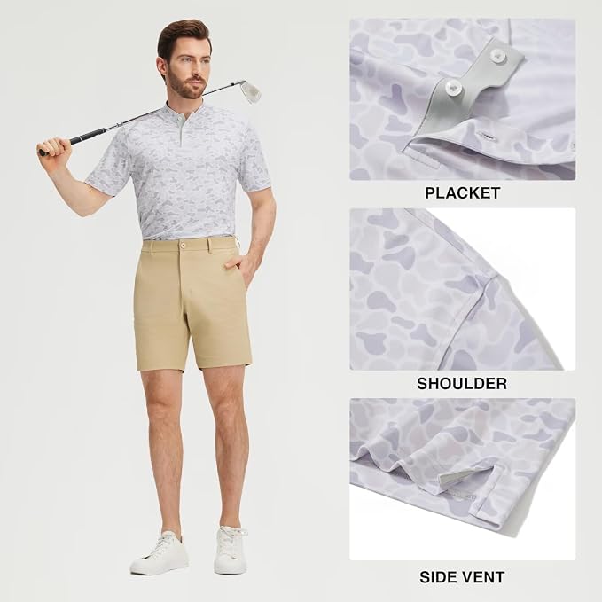 M MAELREG Golf Shirts for Men Collarless Performance Dry Fit Stretch Henley Casual Printed Mens Polo Shirts Short Sleeve