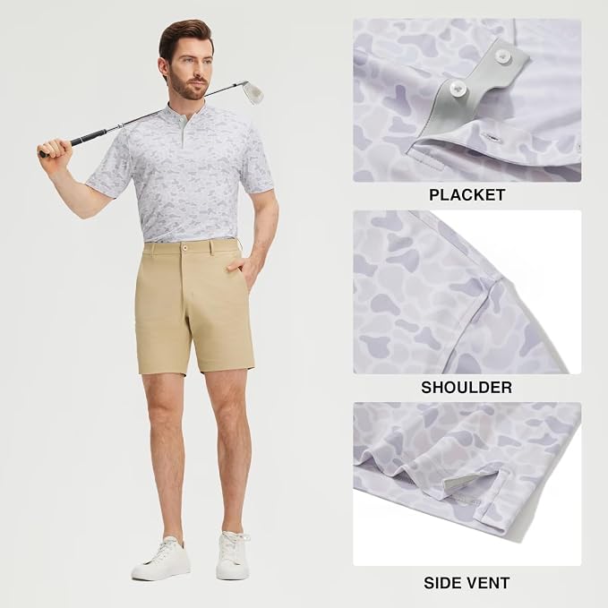 M MAELREG Golf Shirts for Men Collarless Performance Dry Fit Stretch Henley Casual Printed Mens Polo Shirts Short Sleeve
