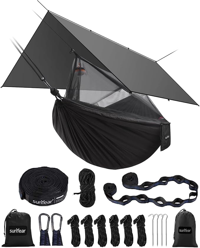 Sunyear Hammock Camping with Rain Fly Tarp and Net, Portable Camping Hammock Double Tree Hammock Outdoor Indoor Backpacking Travel & Survival, 2 Tree Straps,100% Waterproof