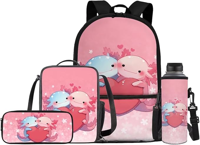 Axolotl Backpack for Girls School Bag and Lunch Box Set Pencil Case Water Bottle Holder 4 PCS School Bag Set 17 Inch Kindergarten Bookbag Back to School Supplies