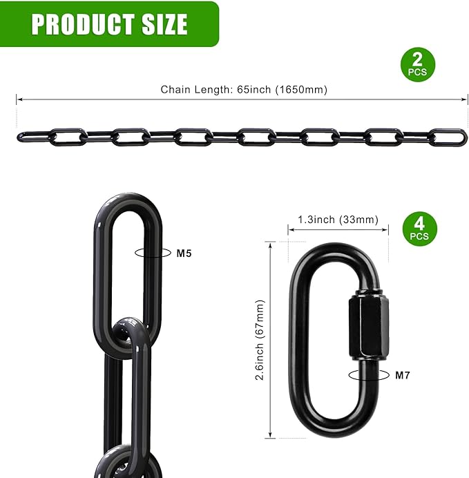BeneLabel 2Pcs 65" Swing Chain Heavy Duty 1000 LBs Capacity Hanging Chains Porch Swing Chains and Hooks Black Coated Chain for Hammock Chairs, Hanging Chair, Punching Bags, for Indoor and Outdoor
