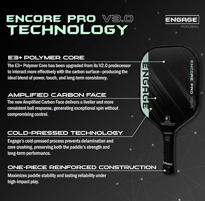 Engage Encore Pro V3.0 Pickleball Paddle | Raw Carbon Fiber & Polymer Core for All-Around Playability