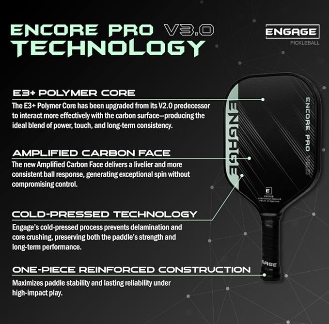Engage Encore Pro V3.0 Pickleball Paddle | Raw Carbon Fiber & Polymer Core for All-Around Playability