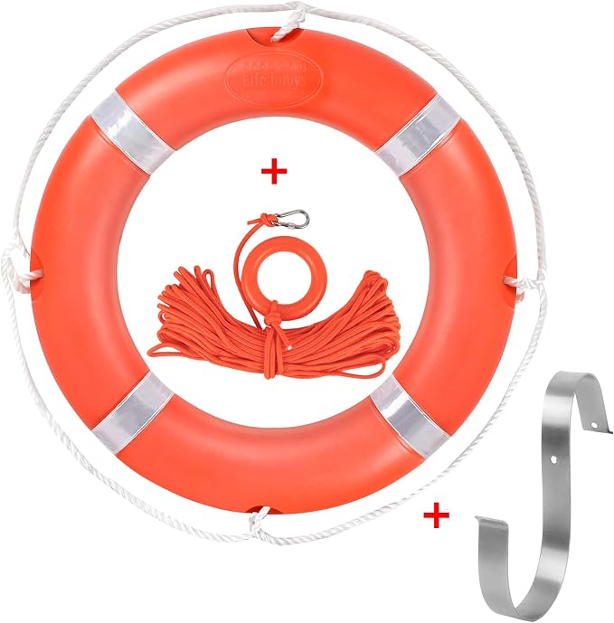 Life Preserver Ring 23"/28", Boat Safety Throw Rings with Bracket, Orange Buoy with Rope 98.5 FT and Reflective Tape for Boat