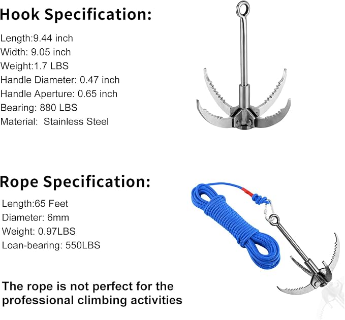 Ant Mag Grappling Hook Stainless Steel Claw Carabiner for Camping Hiking Tree Grabbing and Water Lifting Salvage