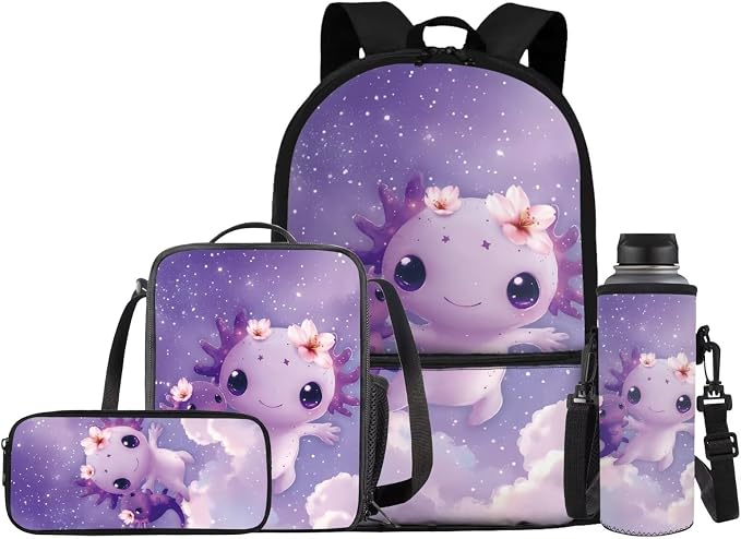 Axolotl Backpack for Girls Bookbag with Lunch Box, Children Boys School Bag with Lunch Bag Pencil Case Water Bottle Holder Set 4 in 1 School Supplies