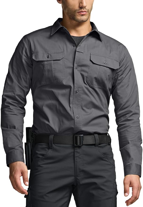CQR Men's Long Sleeve Tactical Shirts, Ripstop Military Work Shirts, UPF 50+ Breathable Button Down Outdoor Hiking Shirt