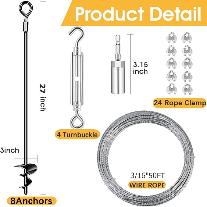 27in 8 Pack Ground Anchors with 3/16" Galvanized Cable Shed Anchor Kit, Trampoline Stakes Anchors High Wind – Ideal for Canopies, Sheds, Car Ports, Swing Sets Gazebo Greenhouse (27 in of 8 Pcs)