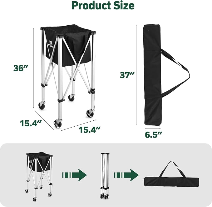 YooKoo Pickleball Basket with Lockable Wheels, Collapsible Pickleball Hopper Holds Up to 100 Balls, Sports Equipment Organizer Suitable for Ball Court, School, Garage