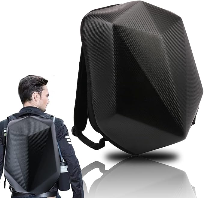 JFG RACING Motorcycle Backpack 30L,Universal Hard Shell Helmet Hardshell Riding Back Pack for Men Women - Imitation Carbon Fiber Black