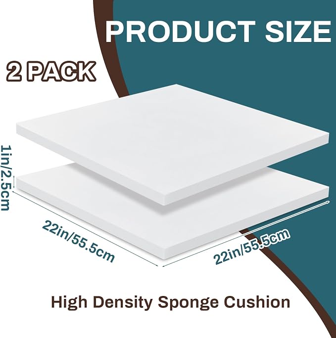 Frienda 2 Pack 1" x 22" x 22" Upholstery High Density Foam Cushion Replacement Square Cut to Size Foam Couch for Chair Couches Padding Shipping Packing DIY Cosplay Projects(White)