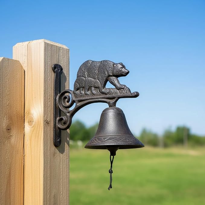 Comfy Hour 7.8" Heavy Duty Cast Iron Bear Dinner Bell, Loud Resonant Wall Mounted Outdoor Doorbell for Farmhouse, Garden & Cabin, Decorative Wildlife Metal Bell for Porch, Antique Black Finish