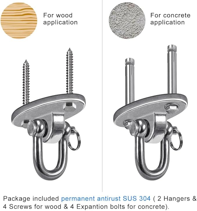 SELEWARE 2 Pieces 2000 lb Capacity Stainless Steel 180° Swing Hangers, Heavy Duty Swing Hooks for Concrete Ceiling Wooden, Hanging Hardware for Por Porch Playground Hammock Gym Swing Sets