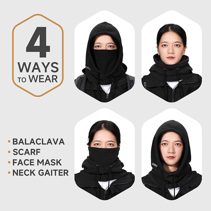 OZERO Winter Balaclava &2 Pcs Beanie: Convertible Face Mask Balaclava + Polar Fleece Winter Beanie Daily Hat for Men & Women (Black & Black+Grey)