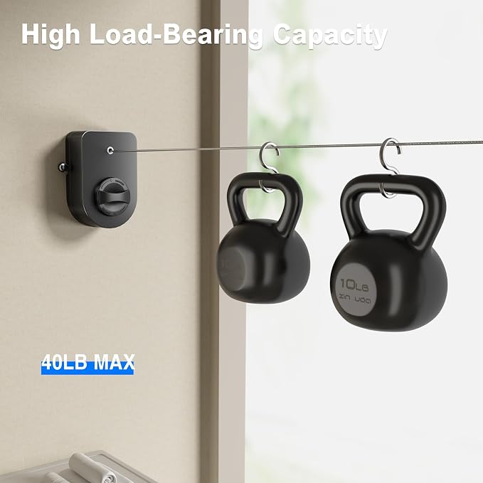 Mustorn Retractable Clothesline Indoor, Non-Sagging Outdoor Clothes Line Retracting Heavy Duty Clothes Drying Laundry Line Wall Mounted Stainless Steel Line-13.8 Feets (Single Line-Black)