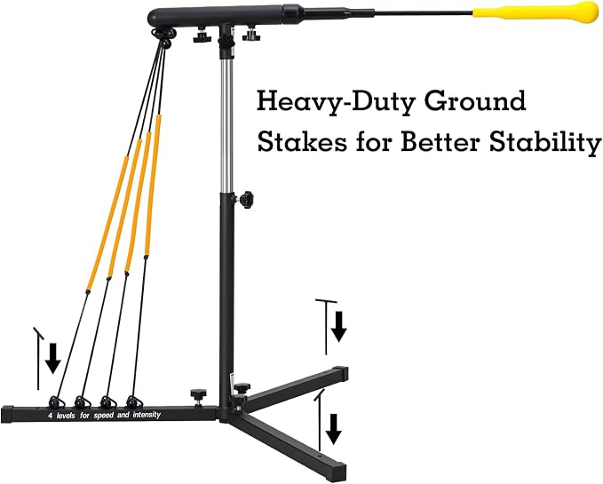 Batting Swing Trainer for Baseball and Softball with 4 Power Bands & Adjustable Height - High-Visibility Anti-Dent Target Ball, Portable Hitting Aid with Screw-in Base & Carry Bag for All Ages